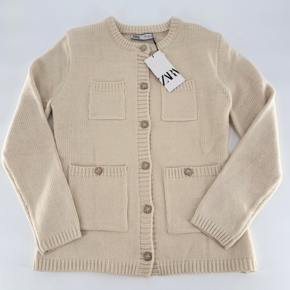 ZARA Cream Knit Cardigan Rhinestone Button Four Pocket Sweater Extra Large NWT